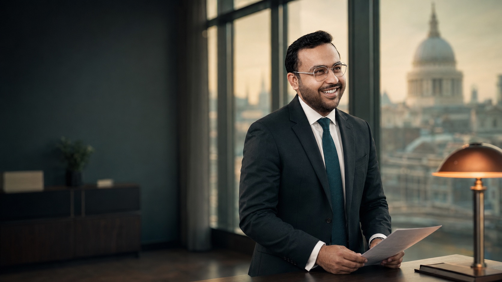 Sajjad Hussain, Director and Solicitor, in a London office overlooking St Paul's Cathedral